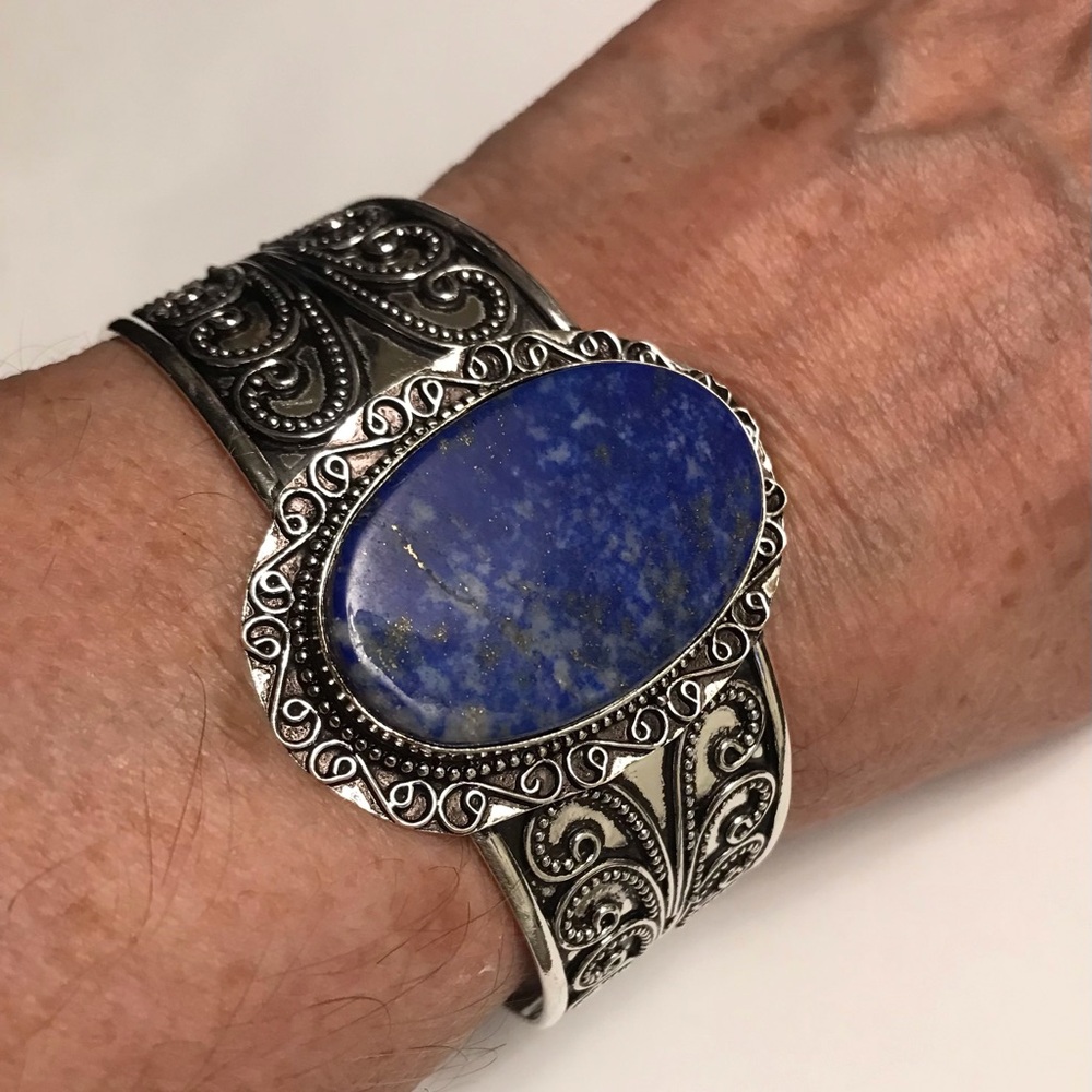 Lapis Lazuli Stamped Solid 925 Sterling Silver Cuff Bracelet